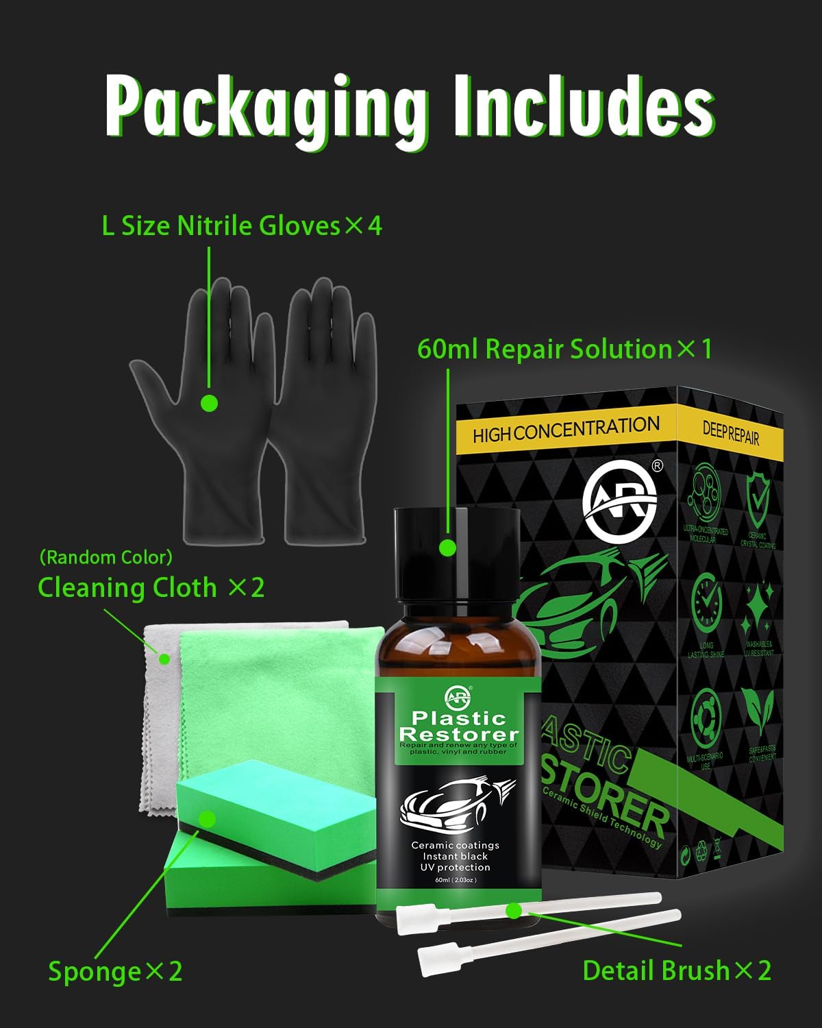 Plastic Restorer for Cars, 60ML Black Trim Restorer, Back to Black Plastic Restorer, High Concentration Ceramic Crystal Hydrophobic Coating Lasting Shine Up to 12 Months+ & UV Protection & Deep Repair