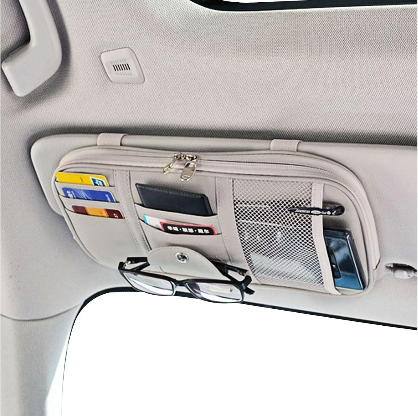 Da by Car Sun Visor Organizer, Multi-Pocket Visor Organizer Storage Pouch for Cars, SUVs & Trucks with Double Zippers, Elastic Bands & Glasses Clip - Organizes Essentials Keep Tidy (Black)