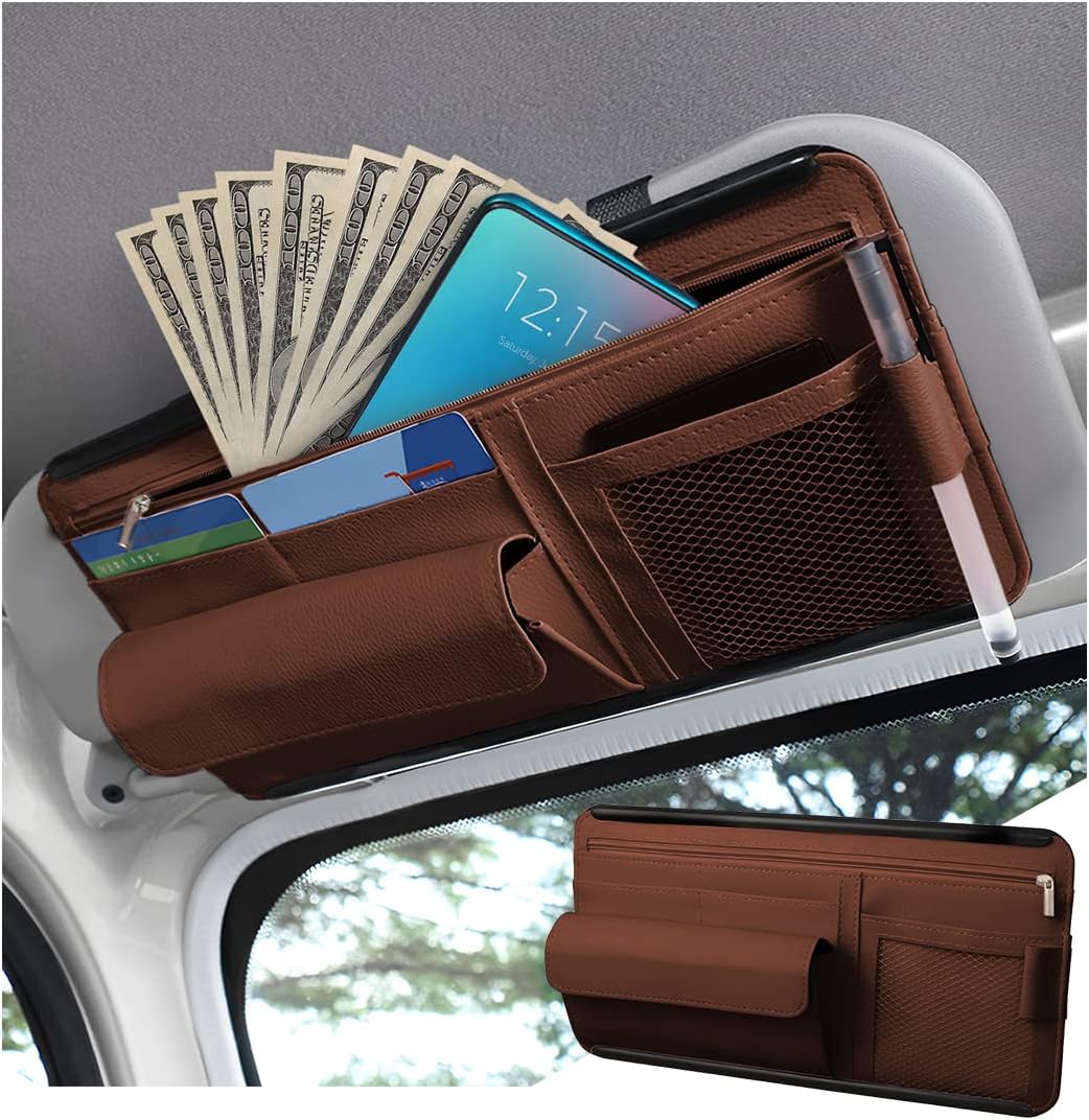 Car Sun Visor Organizer, Car Visor Pocket Wallet Pouch Holder, Vehicle Sunshade Glasses Case Storage Bag with Multi-Pocket Net Zipper, Auto Interior Accessories Universal for SUV Truck Van (Black)