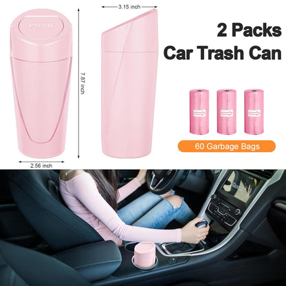 Car Trash Can, 2 Packs Mini Car Trash Bin with Lid, Leakproof Cup Holder Car Garbage Can with 60 Trash Bags, Vehicle Front Back Seat Organizers and Storage for Car, Home, Office, Black
