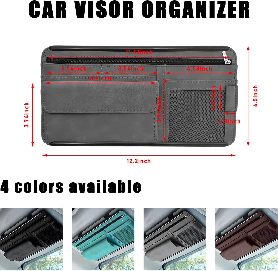 Yourkar Car Sun Visor Organizer, Soft Leather Surface Eyeglasses Note Card Holder Car Storage Bag, Scratch-Resistant Waterproof Auto Sunshade Organizer Bag, Car Accessories (Gray)
