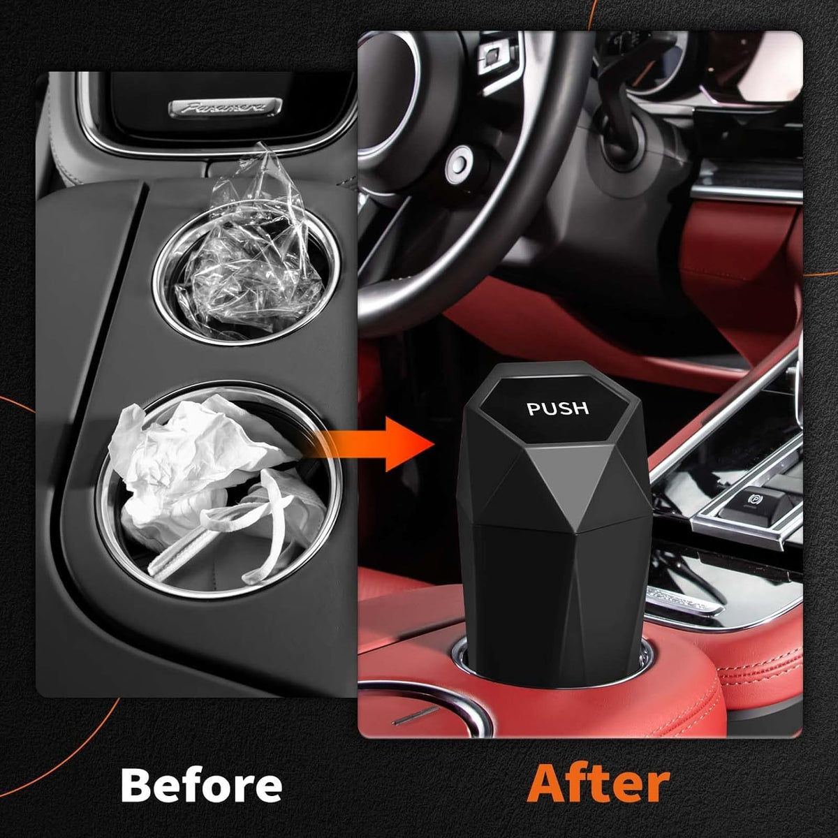 HOTOR Car Trash Can with Lid - 1 Pack, Mini Essential Car Accessories for Interior, Leakproof Car Garbage Can with 15 Attached Trash Bags, Multipurpose Car Organizers and Storage,Black