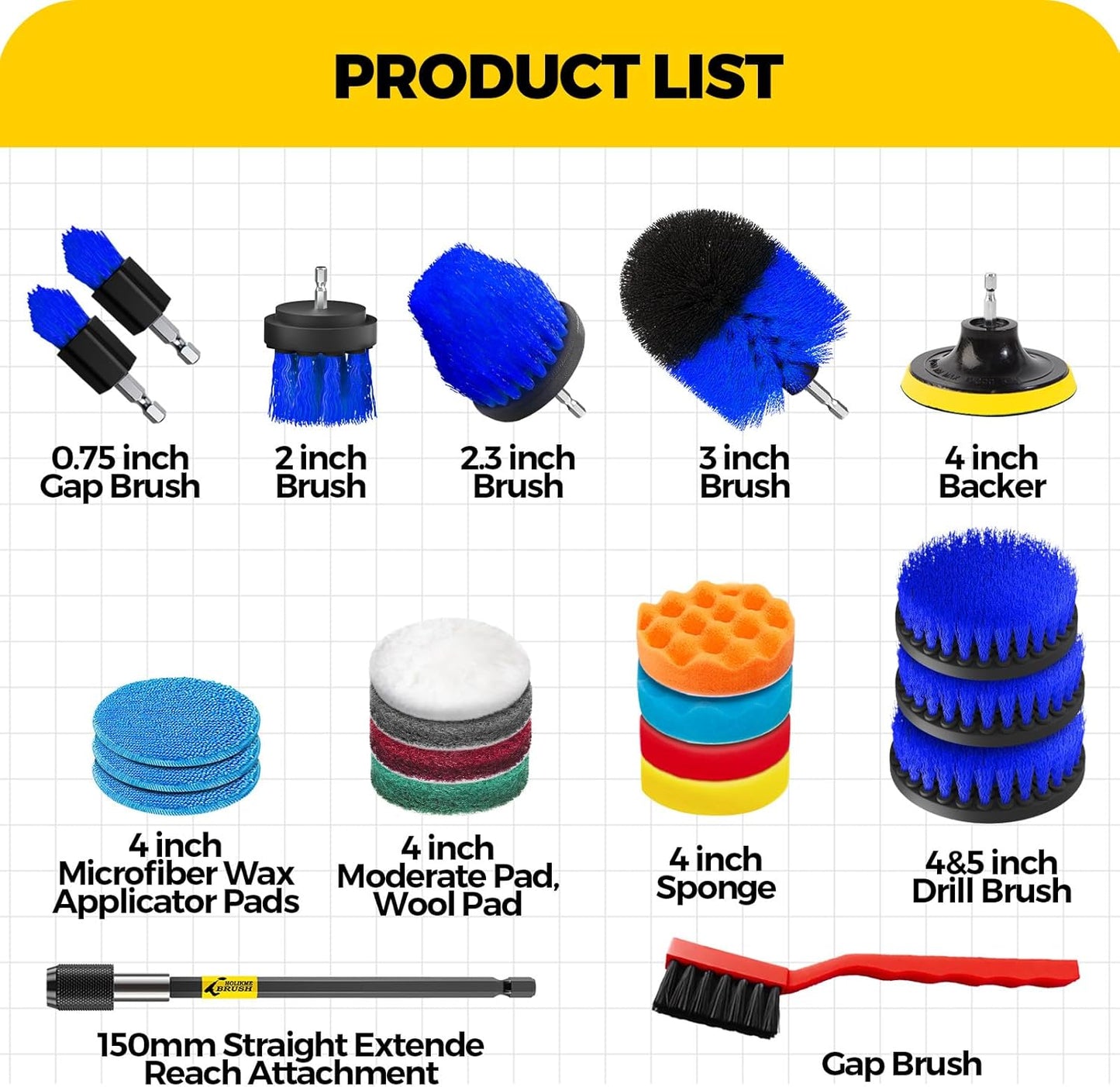 Holikme 22Pack Drill Brush Attachments Set,Scrub Pads & Sponge, Buffing Pads,Power Scrubber Brush,Car Polishing Pad Kit,Wax Applicator Pad,Car Cleaning Kit,Masonry Brushes,Cleaning Supplies