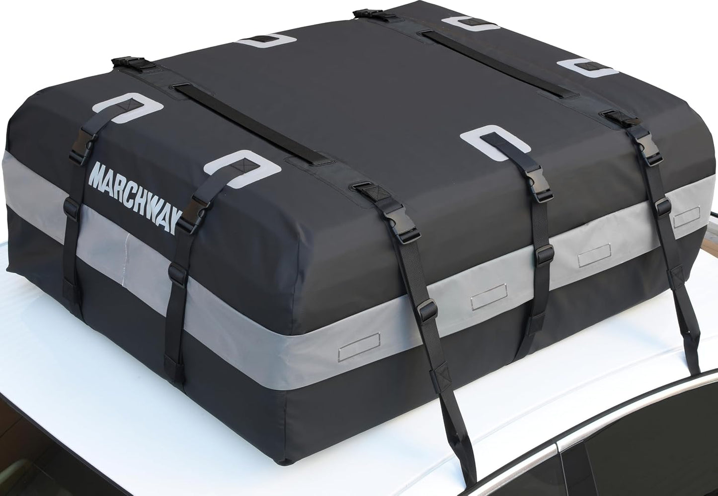 MARCHWAY Waterproof Car Roof Luggage Bag, Weatherproof Soft Shell Rooftop Cargo Carrier Bag for Vehicles with or Without Rack. 6 Door Hooks, Anti Slip Mat, Lock Included (21 Cubic Feet, Black)