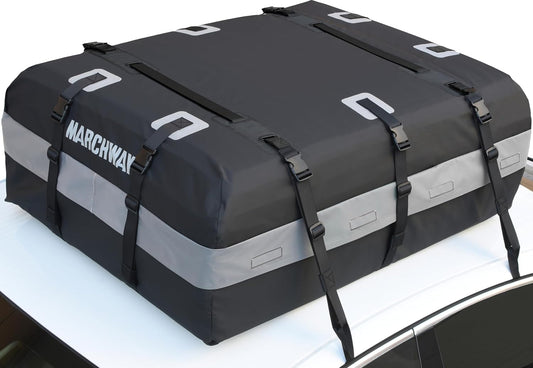 MARCHWAY Waterproof Car Roof Luggage Bag, Weatherproof Soft Shell Rooftop Cargo Carrier Bag for Vehicles with or Without Rack. 6 Door Hooks, Anti Slip Mat, Lock Included (21 Cubic Feet, Black)