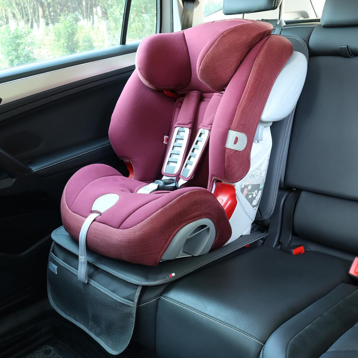 Viaviat Car Seat Protector Leather Waterproof Child Safety Seat Protector Cover with Thick Pad and 2 Large Pockets Durable Kick Mat for All Auto Seat (Beige)