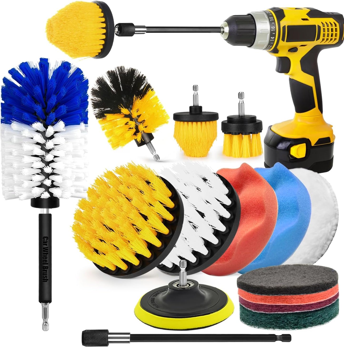 15Pcs Drill Brush Attachment Set, Drill Scrubber Brush Kit Include Soft Drill Wheel Brush, Scrub Pads, Sponge, Drill Cleaning Brush Attachment Set for Car, Bathroom, Tub, Tile, Floor, Grout, Boat