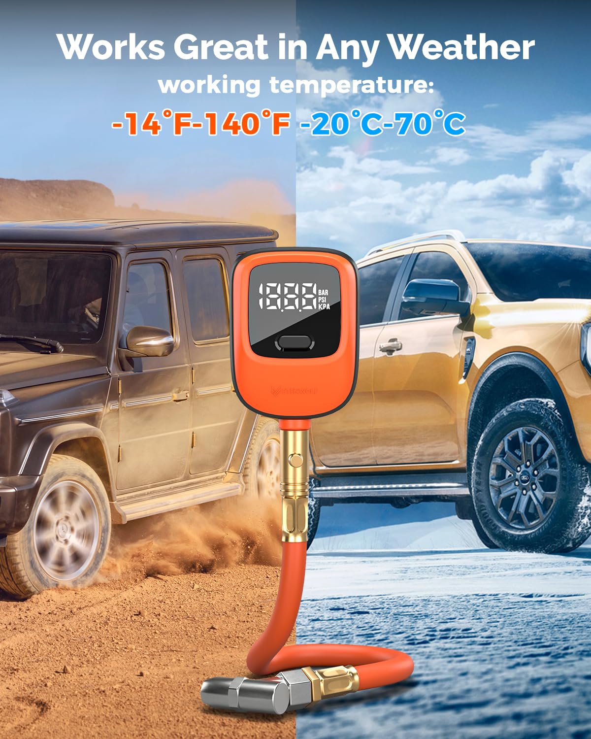 ETENWOLF T600 Digital Tire Pressure Gauge 0-250 PSI, ANSI B40.7 2A Grade High Precision(Plus-Minus 0.5%),Tire Gauge for Tire Pressure with Rubber Hose, Replaceable AA Batteries