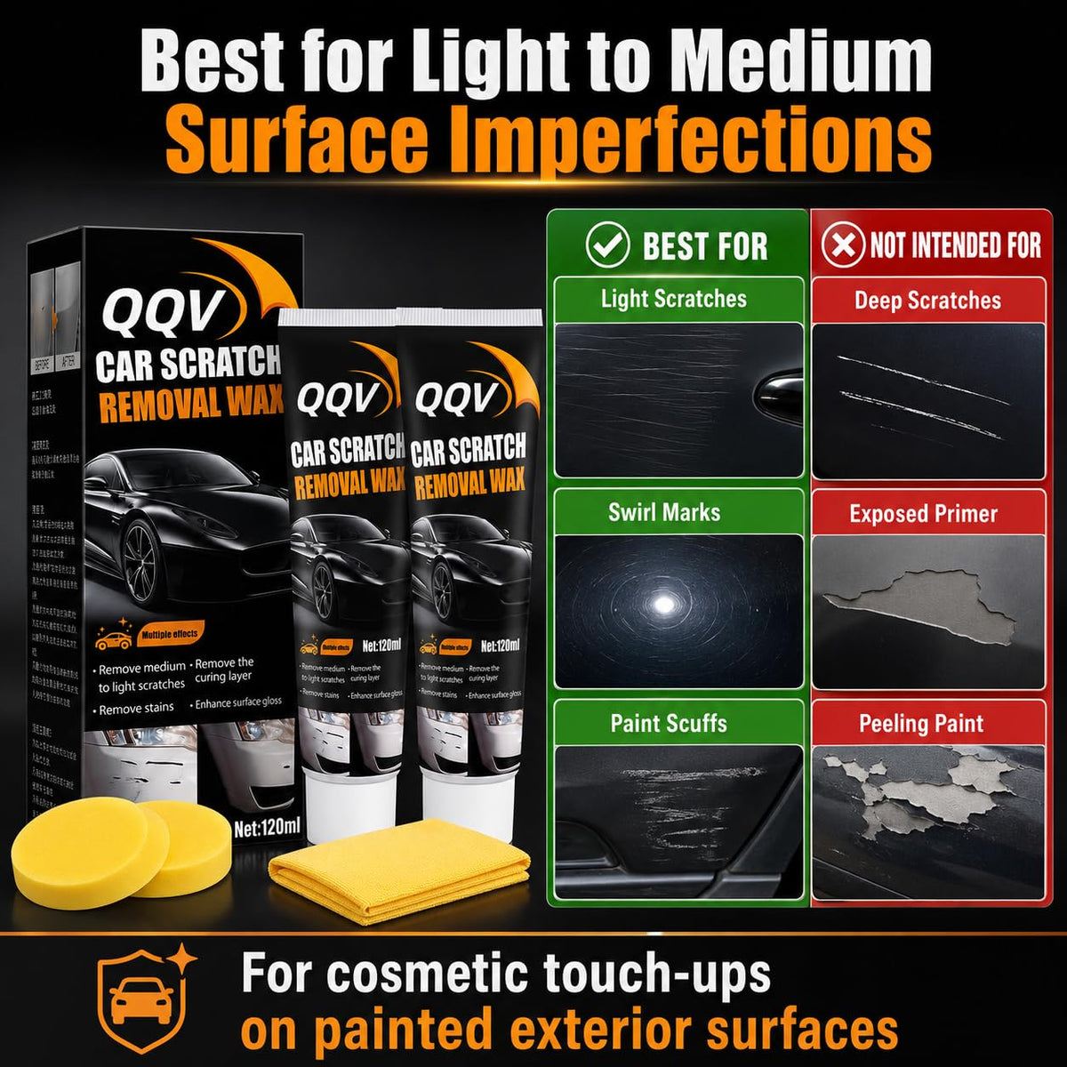 Car Scratch Remover Kit, Car Paint Scratch Repair for Light Scratches Swirl Marks Scuffs, Auto Scratch Remover with Sponge and Towel, Restores Gloss and Shine for All Paint Colors (2Pcs)