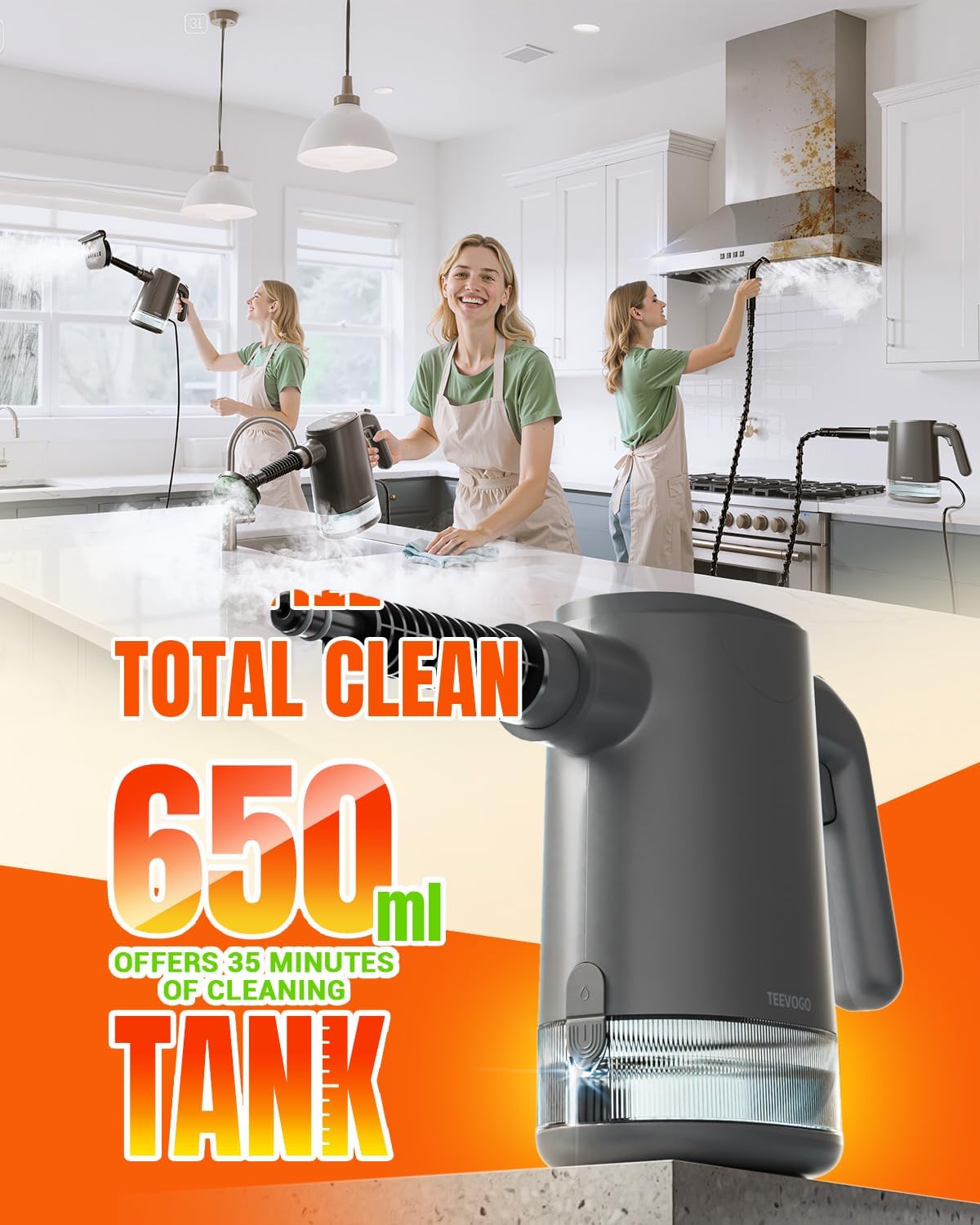 Handheld Steam Cleaner, 15s Fast Heating, Adjustable Steam, 650mL Large Water Tank, Pressurized Portable Steamer for Cleaning Home, Kitchen, Car, Bathroom, Tile, Furniture, Multi-Surface
