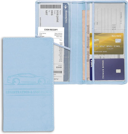 Leather Premium Car Registration & Insurance Card Holder, Vehicle Glove Box Wallet Case, for Documents, Cards, License (Blue)