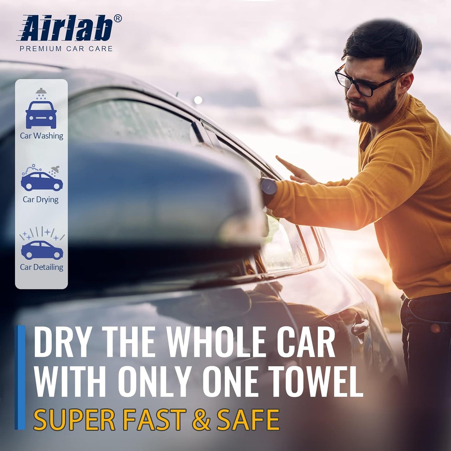 Airlab Microfiber Towels for Cars Wash Drying Thick Plush Cleaning Cloth Auto Detailing Super Absorbent for Interior & Exterior Lint Free, Streak Free, 16" X 16", 800 GSM, Pack of 4
