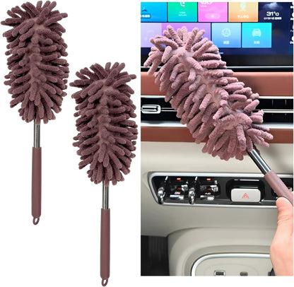 2PCS Car Interior Duster with Extension Pole, 11.8" to 30.5" Retractable Dusters Auto Dash Cleaning Tool, Soft Chenille Hand Washable Dusters for Car Window Furniture Office (Light Pink)