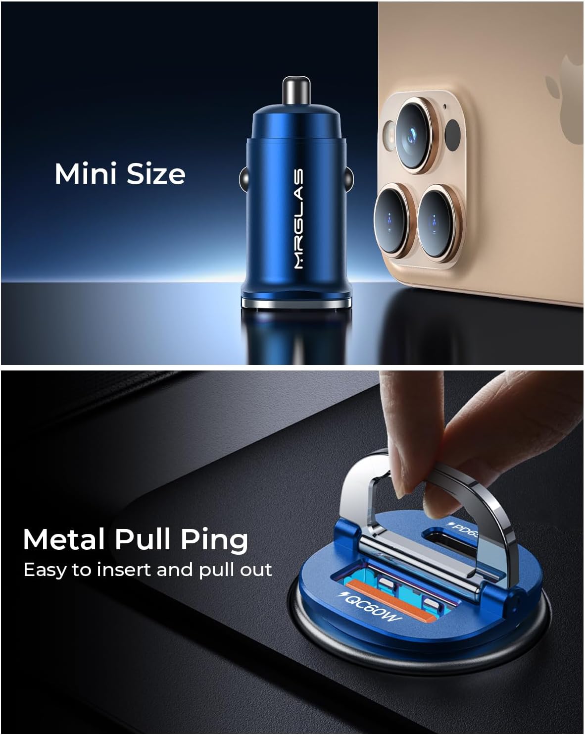 【Upgraded】 125W Car Charger USB C Super Fast Charging, [PD65W & QC60W][All Metal] MRGLAS Cigarette Lighter Car Charger, Car Electrical Accessories for iPhone 17 Pro Max iPad Samsung S26 S25 Pixel 10