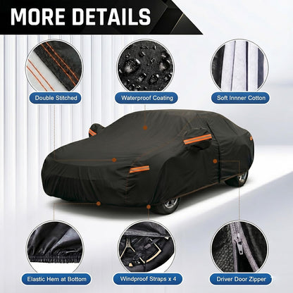 6 Layer Heavy Duty Car Cover Waterproof All Weather Protection with Cotton Liner, Full Exterior Outdoor Cover for Sun Rain Snow UV Protection, Fits Sedan 186-193 inchs