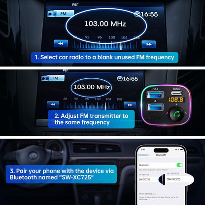 Syncwire Bluetooth 5.4 FM Transmitter Car Adapter 48W (PD 36W & 12W) [Light Switch] [HiFi Bass Sound] [Fast Charging] Wireless Radio Music Adapter LED Display Hands-Free Calling Support USB Drive