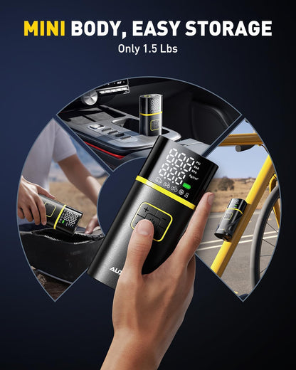 AUXITO Tire Inflator Portable Air Compressor - 150PSI Bike Pump 1Min Fast Inflate with Tire Pressure Gauge, 5200 mAh, LED Light, Car Accessories Air Pump for Auto, Moto, Bike Car Gifts for Men