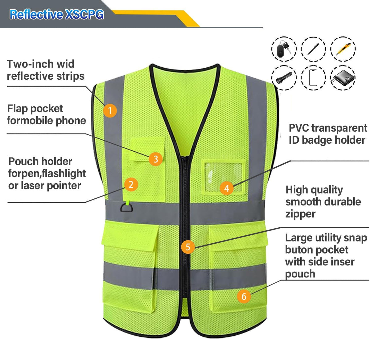 Reflective Mesh Safety Vest, Breathable Hi Vis Vest Construction Work with 5 Pockets and Zipper for Men Women