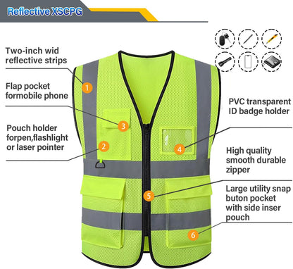 Reflective Mesh Safety Vest, Breathable Hi Vis Vest Construction Work with 5 Pockets and Zipper for Men Women