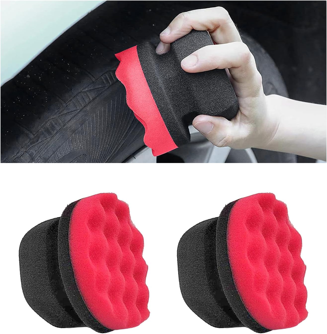 KVAEY 2 PCS Tire Dressing Applicator Pads, Reusable Hex Grip Tire Shine Applicator Polishing Sponge Pads, Wheel Tire Shine Detailing Foam for Most Vehicles, Car Accessories (Black, 3.15")
