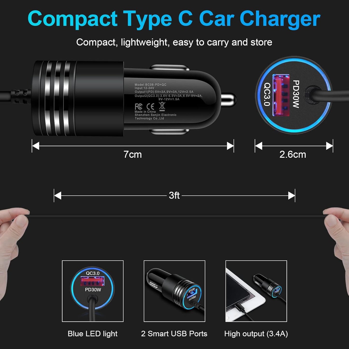 48W Super Fast Car Charger USB C Rapid Android Car Adapter with 30W Built-in Type C Fast Charging Cable for Samsung Galaxy S26 S25 S24 S23 Ultra S22 S21 S20 FE A16 A15 A14 A54 A53 A23 A13 Z Flip 7 6