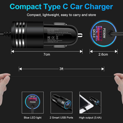48W Super Fast Car Charger USB C Rapid Android Car Adapter with 30W Built-in Type C Fast Charging Cable for Samsung Galaxy S26 S25 S24 S23 Ultra S22 S21 S20 FE A16 A15 A14 A54 A53 A23 A13 Z Flip 7 6