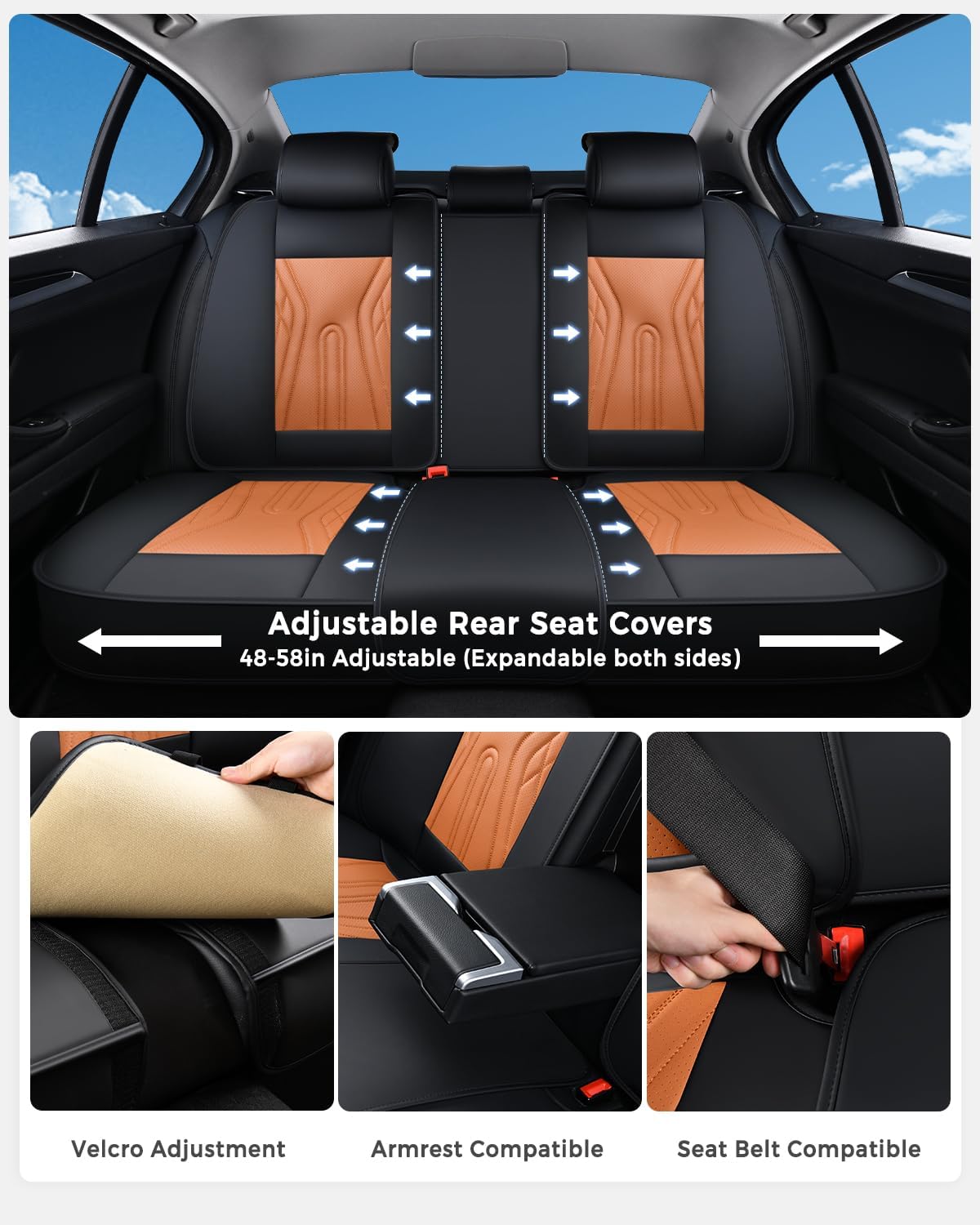 Huidasource Coffee Seat Covers Full Set, Universal Fit for Most Cars Trucks SUV, Full Coverage Leather Seat Cover, Airbag, Cupholder Compatible, Velcro Adjustable, Heaating/Cooling Function Retain