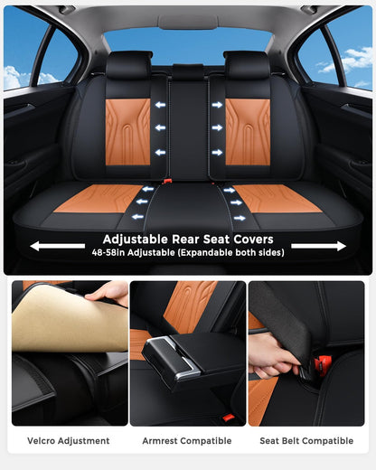 Huidasource Coffee Seat Covers Full Set, Universal Fit for Most Cars Trucks SUV, Full Coverage Leather Seat Cover, Airbag, Cupholder Compatible, Velcro Adjustable, Heaating/Cooling Function Retain