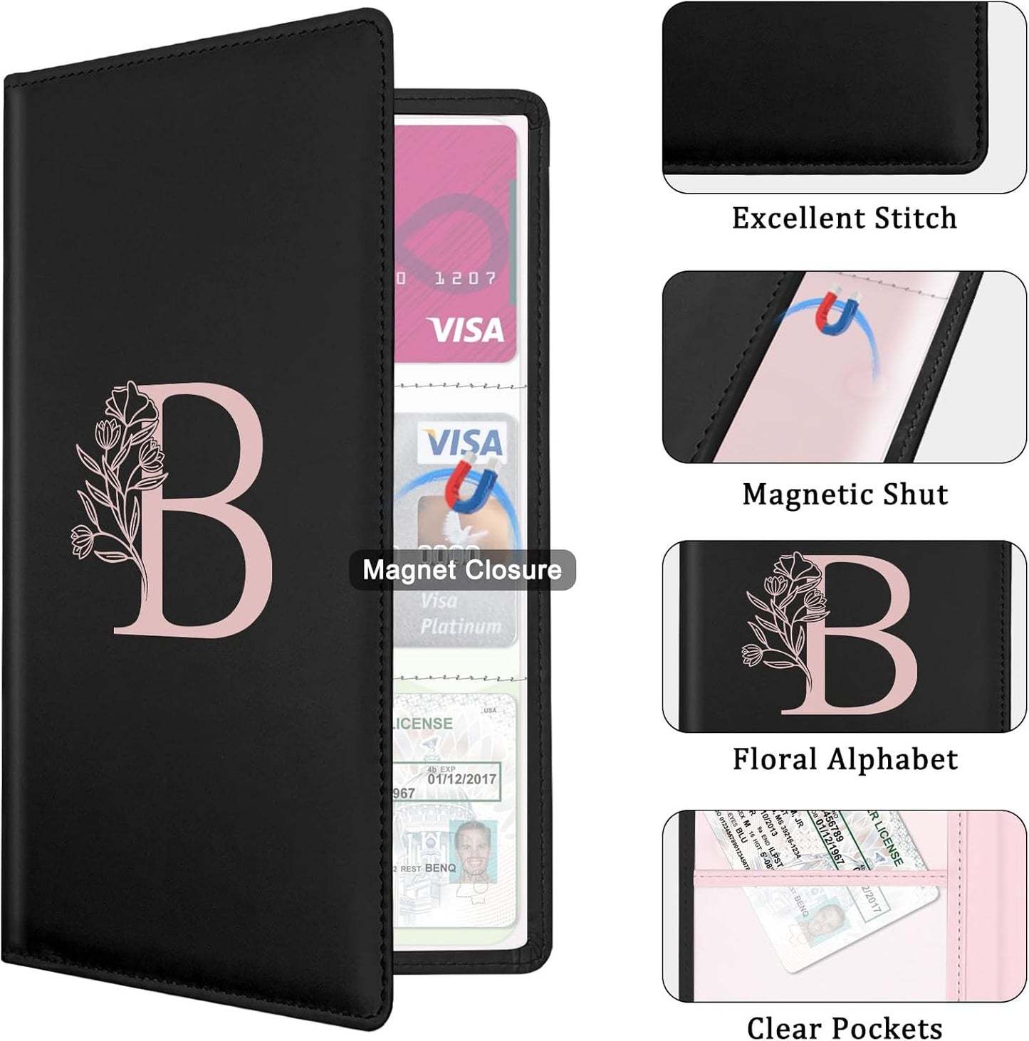 Letter Car Registration and Insurance Holder, with Magnetic Closure for License, Cards and Documents,Vehicle Glove Box Car Organizer, Interior Car Accessories for Women Men (M)