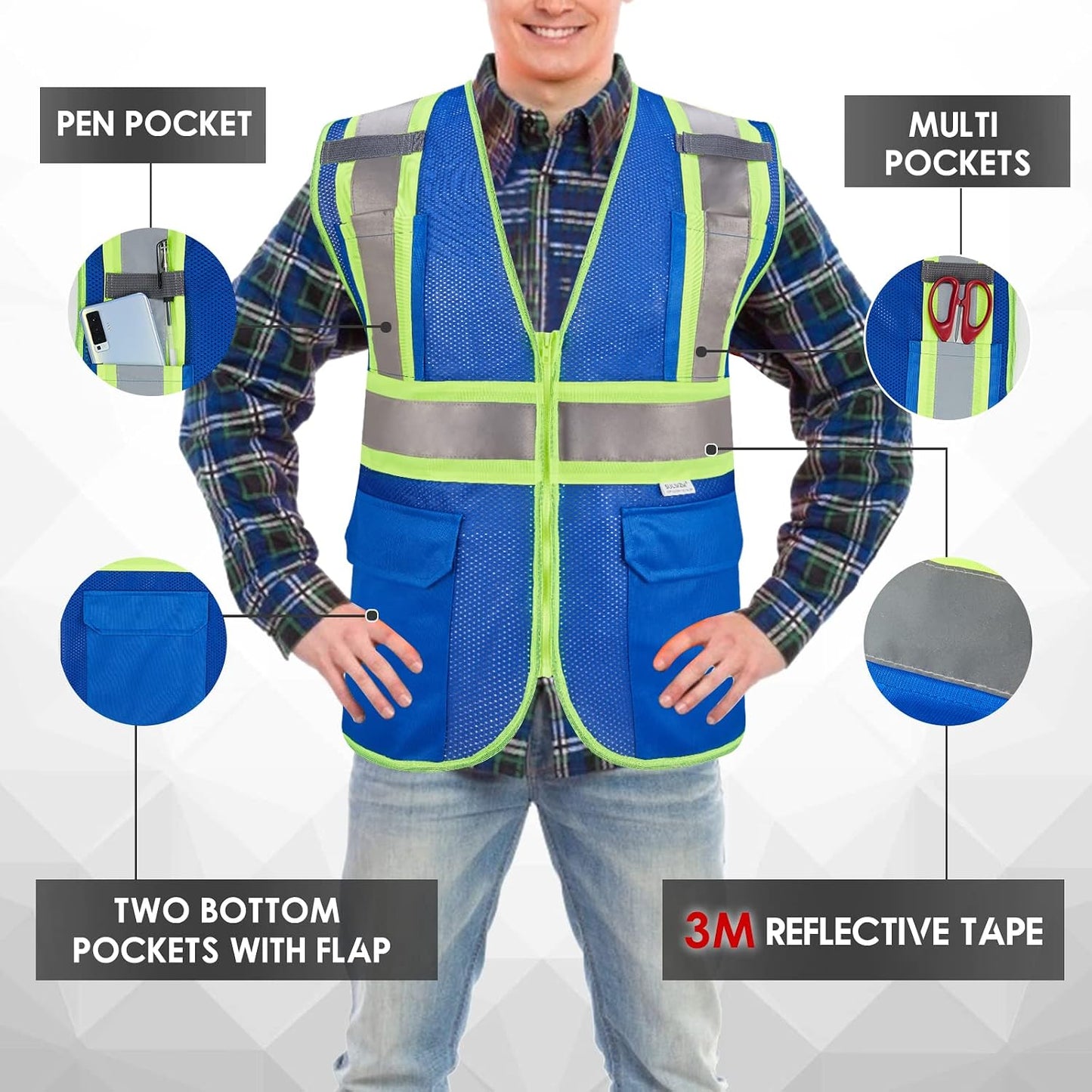 High Visibility Reflective Safety Vest with Zipper and Pockets Orange,M