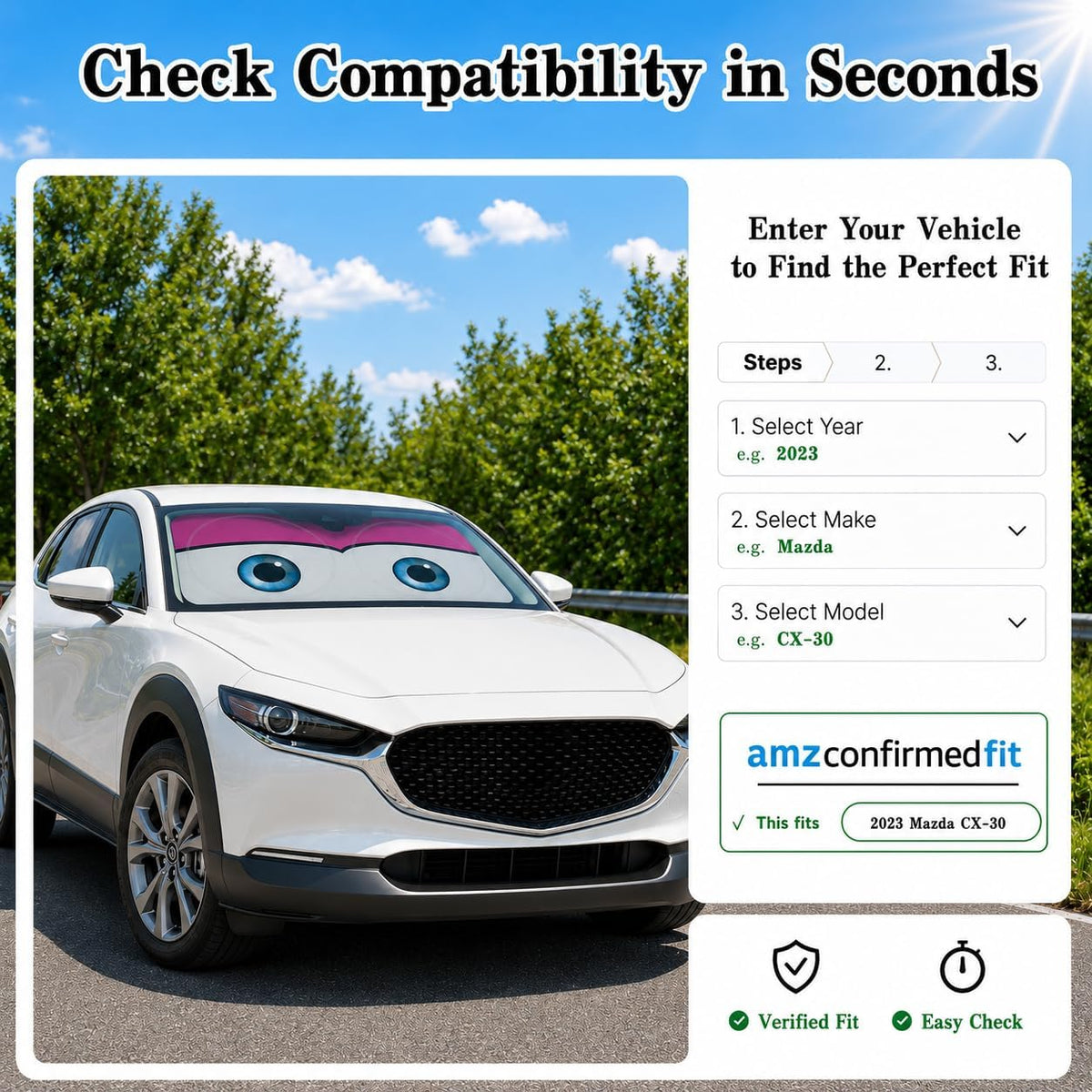 Car Windshield Sun Shade, Funny Cartoon Eyes Sun Visor for Car Windshield Universal Fits Sedan Compact Car Hatchback SUV, UV Heat Protection - 59 x 27.5