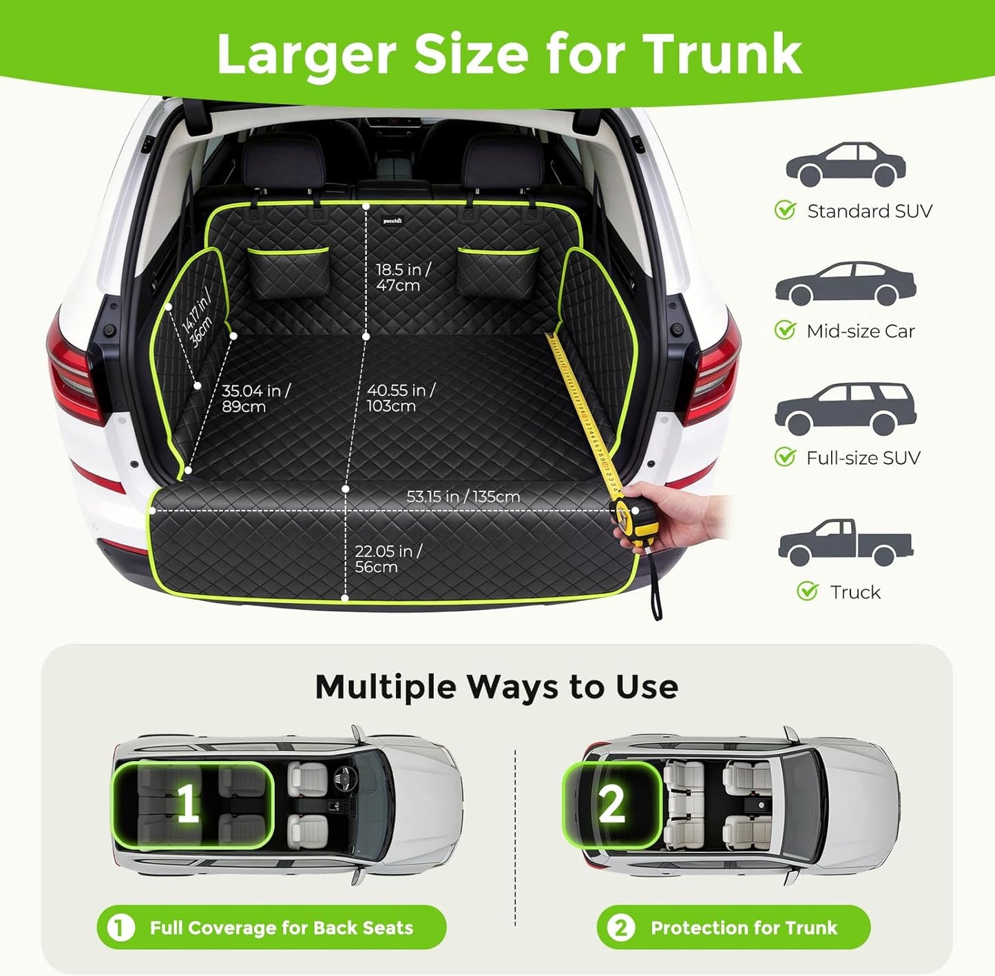 SUV Cargo Liner for Dogs, Upgraded Scratch-proof Leather 14.17" Heightened Side Flaps, 53.15" x40.55" Waterproof Non-Slip Trunk Liner with Bumper Flap, Universal Fit for SUVs Sedans Vans 3-Row SUV
