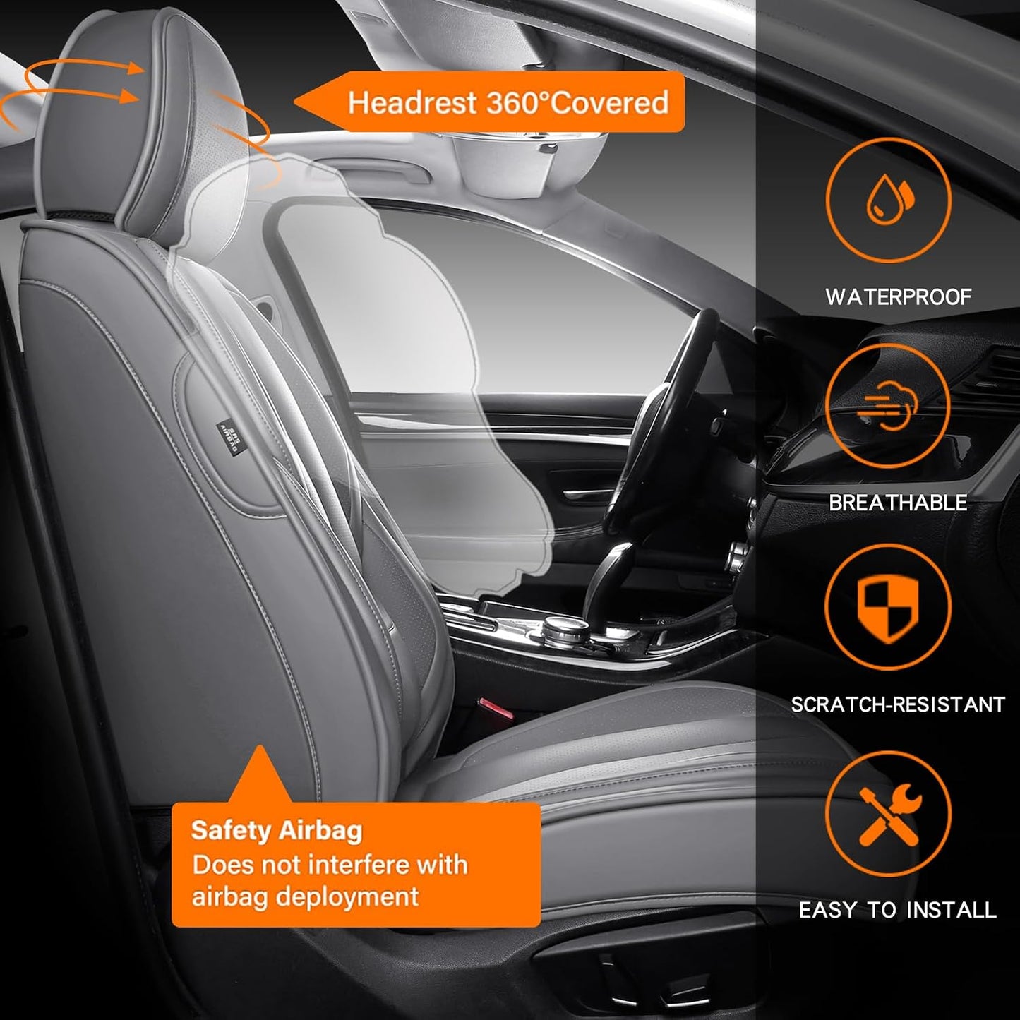 MINGBRON Car Seat Cover Full Set, Leather Car Seat Cover, Waterproof Seat Covers, Car Seat Cushion, Nappa Leather Seat Covers Car Seat Protector Universal Fit Most Cars Black