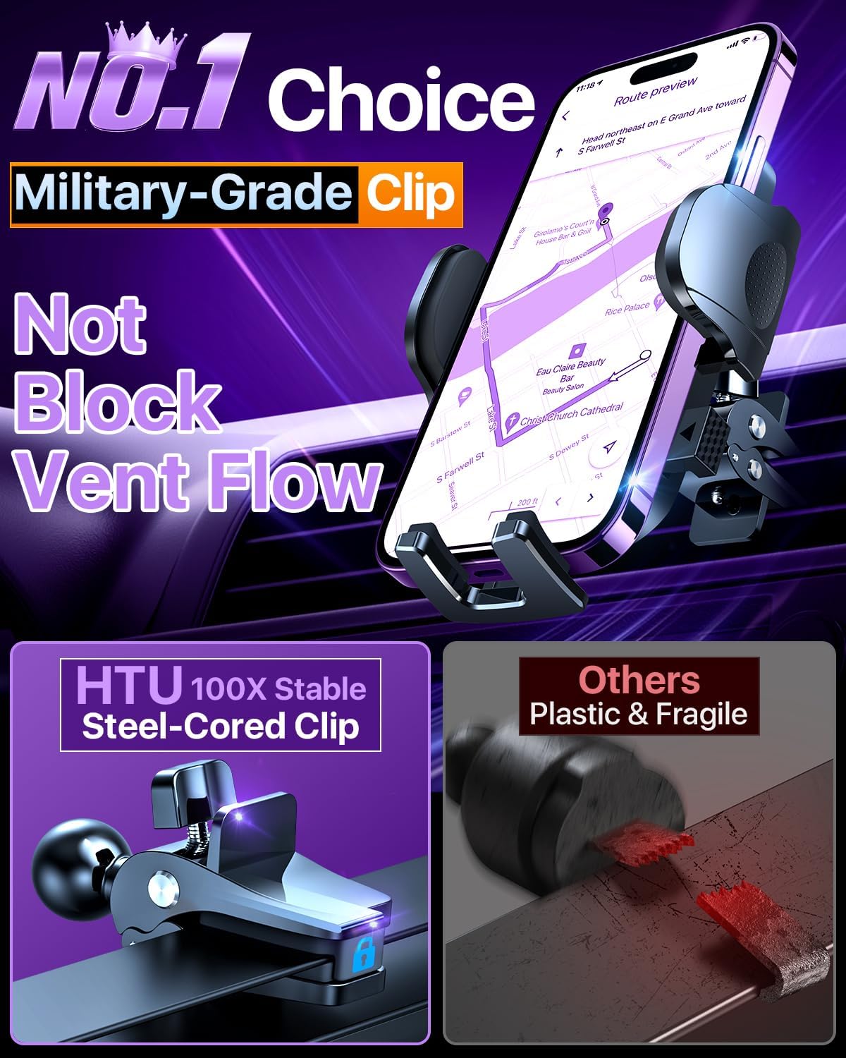 2026 Ultimate Best【True Military-Grade & Safety Cert】Car Phone Holder HTU【Upgraded 360 Rotation & 100+LBS Strongest Suction】5-in-1 Truck Windshield Dashboard Vent Mount Stand for iPhone Android, Black