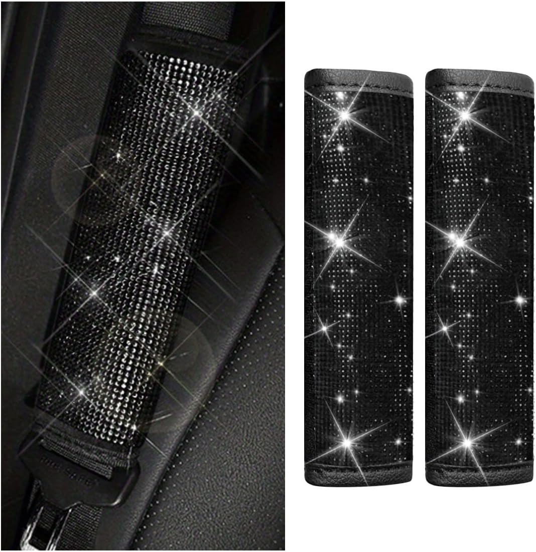 GLSOWEE 2PCS Bling Car Seat Belt Shoulder Pads, Bling Rhinestones Seat Belt Covers for Women, Car Seatbelt Strap Pad with Crystal Diamond, Car Interior Accessories for Car SUV (Black Diamond)