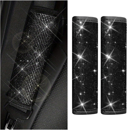 GLSOWEE 2PCS Bling Car Seat Belt Shoulder Pads, Bling Rhinestones Seat Belt Covers for Women, Car Seatbelt Strap Pad with Crystal Diamond, Car Interior Accessories for Car SUV (Black Diamond)