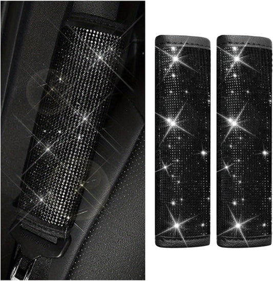 GLSOWEE 2PCS Bling Car Seat Belt Shoulder Pads, Bling Rhinestones Seat Belt Covers for Women, Car Seatbelt Strap Pad with Crystal Diamond, Car Interior Accessories for Car SUV (Black Diamond)