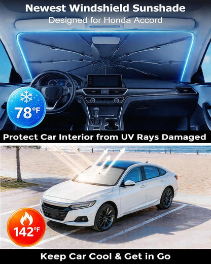 DMJN Umbrella Windshield Sun Shade - Medium, Car Sunshade for Front Windshield [Nano Ice-Crystal Coatings] UPF50+ Heat & UV Block, Protect Interior & Keep Cooler Universal for Car, SUV, Truck