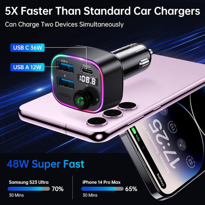 Syncwire Bluetooth 5.4 FM Transmitter Car Adapter 48W (PD 36W & 12W) [Light Switch] [HiFi Bass Sound] [Fast Charging] Wireless Radio Music Adapter LED Display Hands-Free Calling Support USB Drive