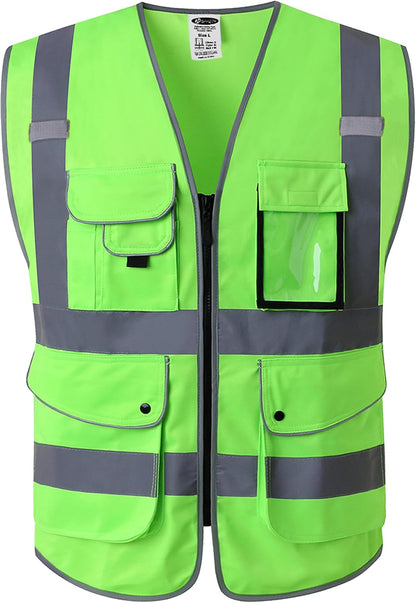 JKSafety 9 Pockets Class 2 High Visibility Zipper Front Safety Vest With Reflective Strips,Meets ANSI/ISEA Standard (Large, 150-Yellow) - Colors B