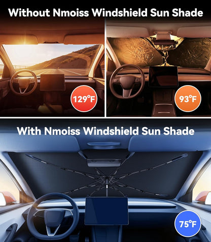 [Upgraded] Nmoiss Windshield Sun Shade Umbrella - [Vinyl Coating Heat Shield] Protect Car from Sun Rays & Heat Damage Keep Cool and Protect Interior, Spring Structure Edge Medium 56" L x 31" W
