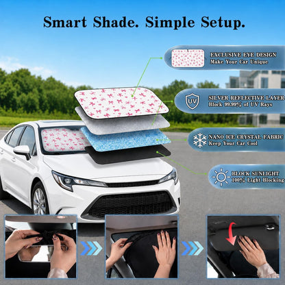 Car Windshield Sun Shade, Funny Cartoon Eyes Sun Visor for Car Windshield Universal Fits Sedan Compact Car Hatchback SUV, UV Heat Protection - 59 x 27.5