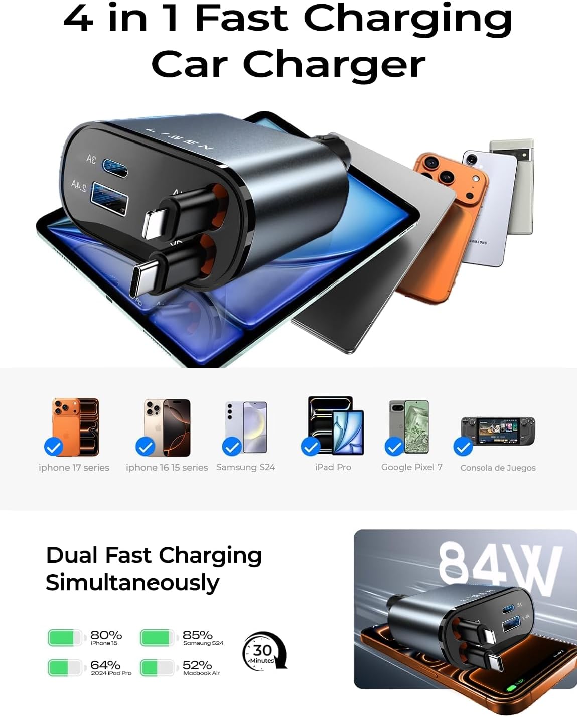 LISEN Retractable Car Charger, 84W Car Charger USB C Fast Charger, Cigarette Lighter USB Charger Adapter, Car Accessories Birthday Gifts for Men Women Dad Mom Husband, for iPhone 17 16 15 14 13 12 11