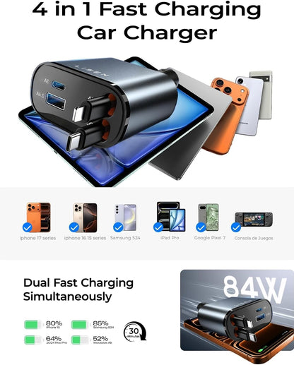 LISEN Retractable Car Charger, 84W Car Charger USB C Fast Charger, Cigarette Lighter USB Charger Adapter, Car Accessories Birthday Gifts for Men Women Dad Mom Husband, for iPhone 17 16 15 14 13 12 11