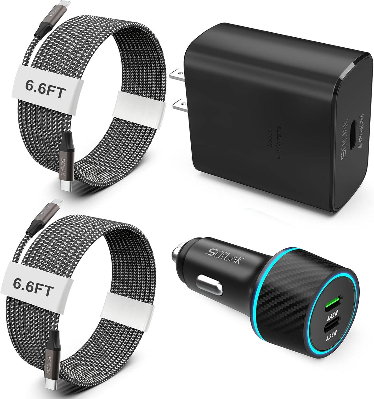 S24 S25 Ultra Charger Type C, SCRUAK 45W PPS Super Fast USB-C Wall/Car Charger for Samsung Galaxy S25 Ultra/S25+/S25/S24 Ultra/S24+/S23/S22/S20/Note 20/Note 10+(with 2X 3.3FT 5A Type C Cable)