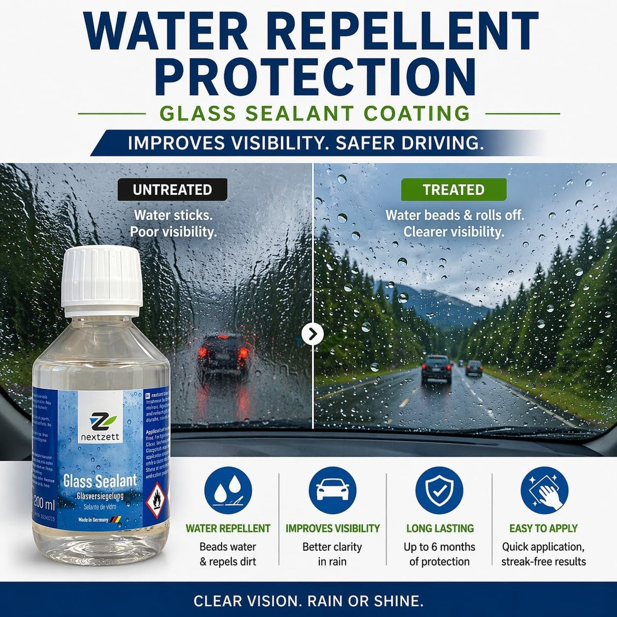 Glass Sealant for Windshield, Water Repellent Coating, Improves Visibility in Rain, 6 Month Protection, 6.8 oz