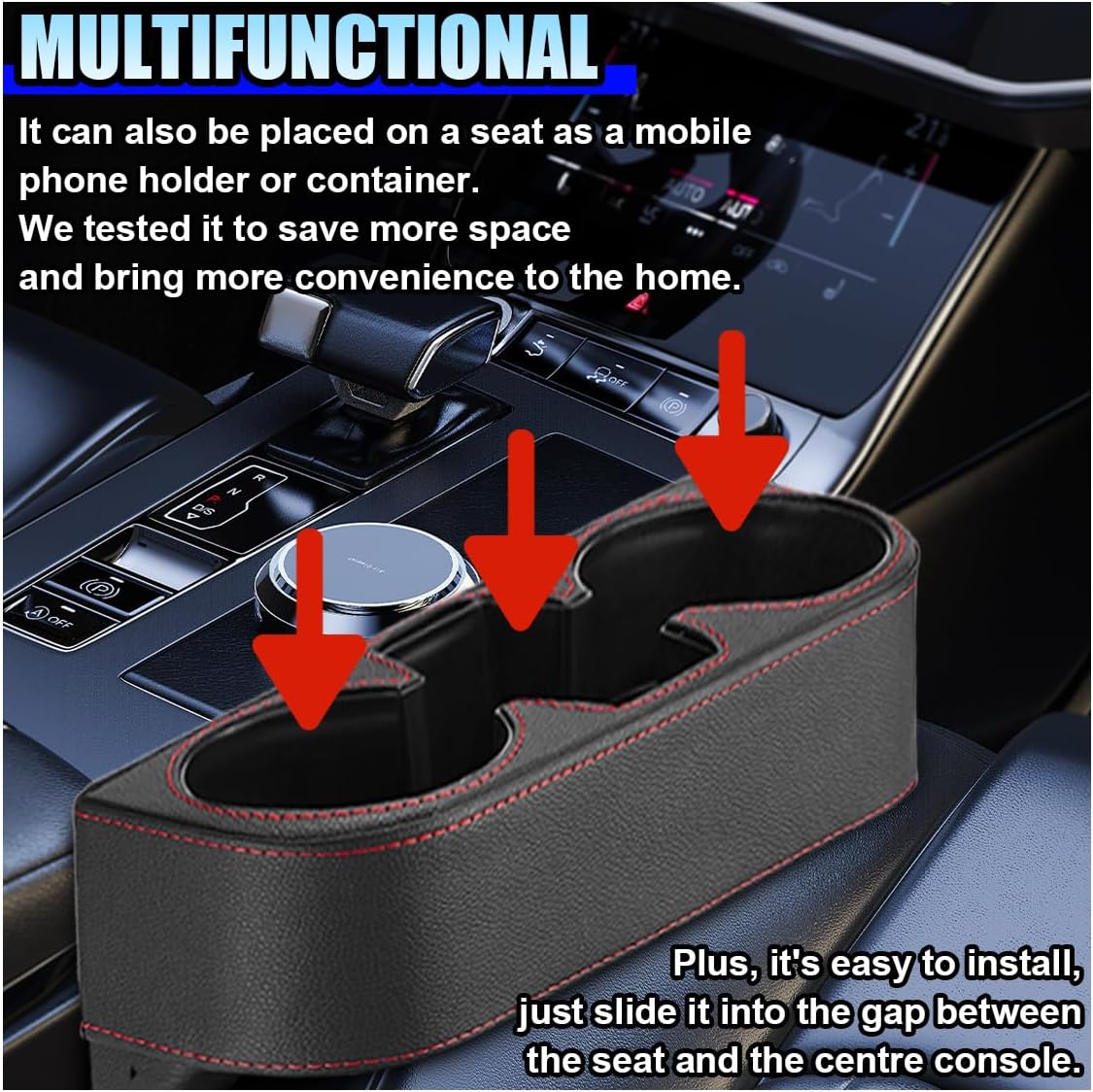 ZIMISI Car Cup Holder, PU Leather Auto Front Console Gap Filler Organizer, Multifunctional Cup Drink Holder, Car Seat Gap Filler Storage Box, Coin Bucket, Cell Mobile Phone Holder (Grey)