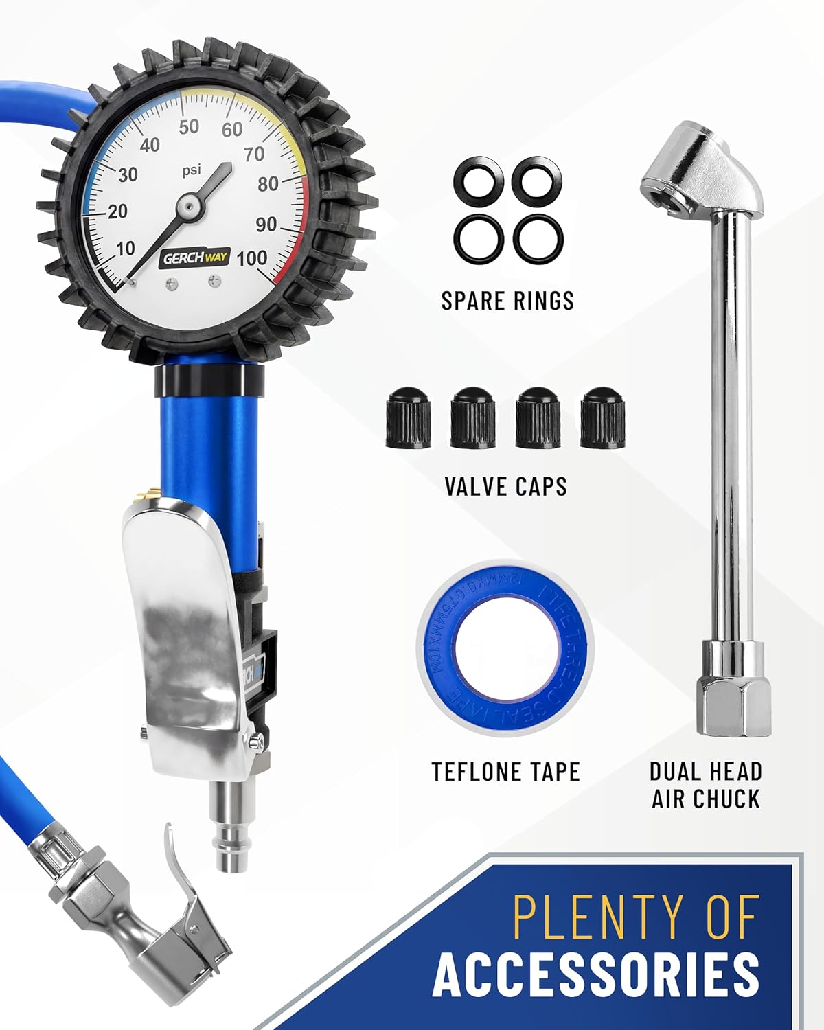 GERCHWAY Tire Inflator with Pressure Gauge and Longer Hose - Most Accurate, Heavy Duty Air Chuck with Gauge for Air Compressor Tire Inflator Attachment - 100PSI