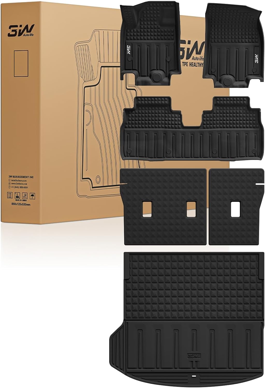 3W Floor Mats & Cargo Liner Fit for 2021 2022 2023 2024 2025 2026 Chevy Tahoe/GMC Yukon/Cadillac Escalade 7 Seat, TPE All Weather Custom Fit Car Accessories Heavy Duty Rubber Full Set Trunk Mats - Colors B
