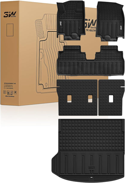 3W Floor Mats & Cargo Liner Fit for 2021 2022 2023 2024 2025 2026 Chevy Tahoe/GMC Yukon/Cadillac Escalade 7 Seat, TPE All Weather Custom Fit Car Accessories Heavy Duty Rubber Full Set Trunk Mats - Colors B